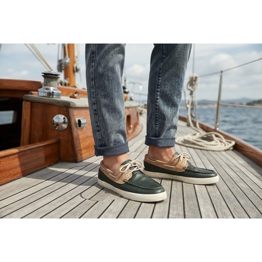 Polo Ralph Lauren Lander Coated Canvas Boat Shoes Mens 13 Green Tan Deck Loafer